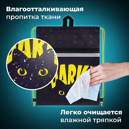 Мешок для обуви BRAUBERG, с петлей, светоотражающая полоса, 2 отделения, 46х36 см, Dark cat, 272394 