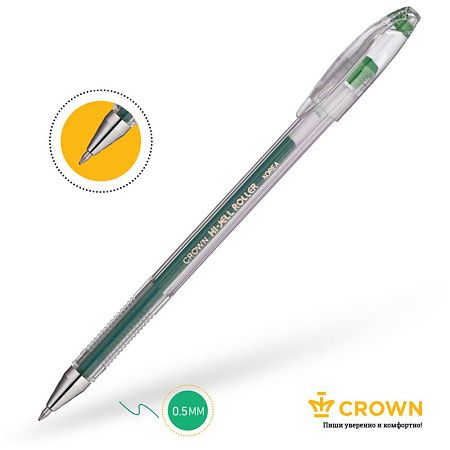 Ручка гелевая Crown "Hi-Jell" зеленая 0,5мм, штрих-код 