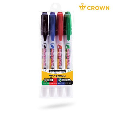 Набор маркеров для белых досок Crown "Multi Board Slim" 04цв., пулевидный, 2мм, чехол с европодвесом 