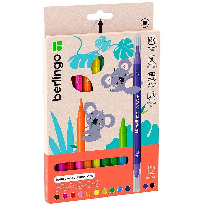 Фломастеры двусторонние Berlingo "Double", 12цв., 12шт., смываемые, картон, европодвес
