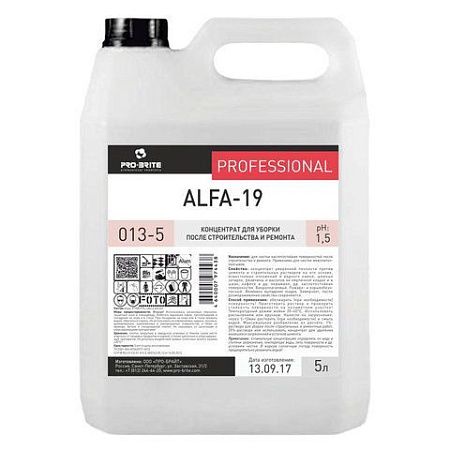 Средство для уборки после строительства 5 л, PRO-BRITE ALFA-19, кислотное, концентрат, 013-5 