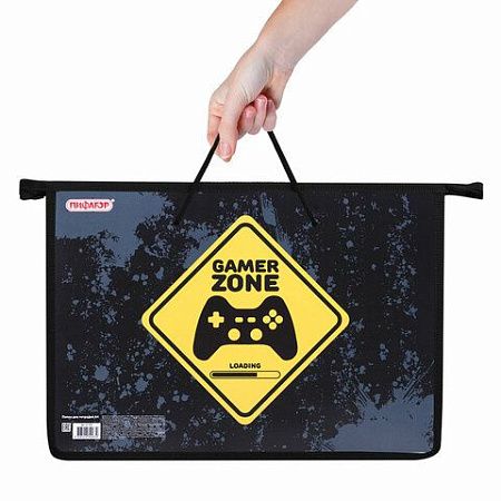 Папка на молнии с ручками ПИФАГОР А4, 1 отделение, пластик, ручки-шнурок, "Game Zone", 271470 