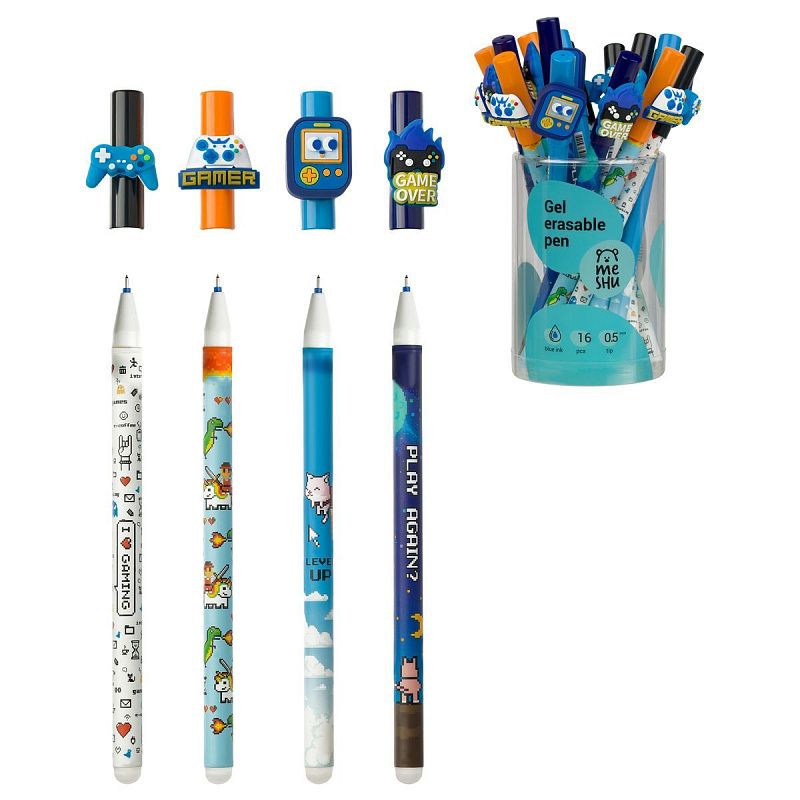 Ручка гелевая стираемая MESHU "Games" синяя, 0,5мм, корпус ассорти, с топпером