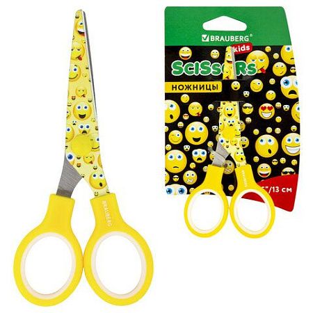 Ножницы BRAUBERG "Kid Series", 130 мм жёлто-белые с цветной печатью "Смайлики", закругленные, 232274 