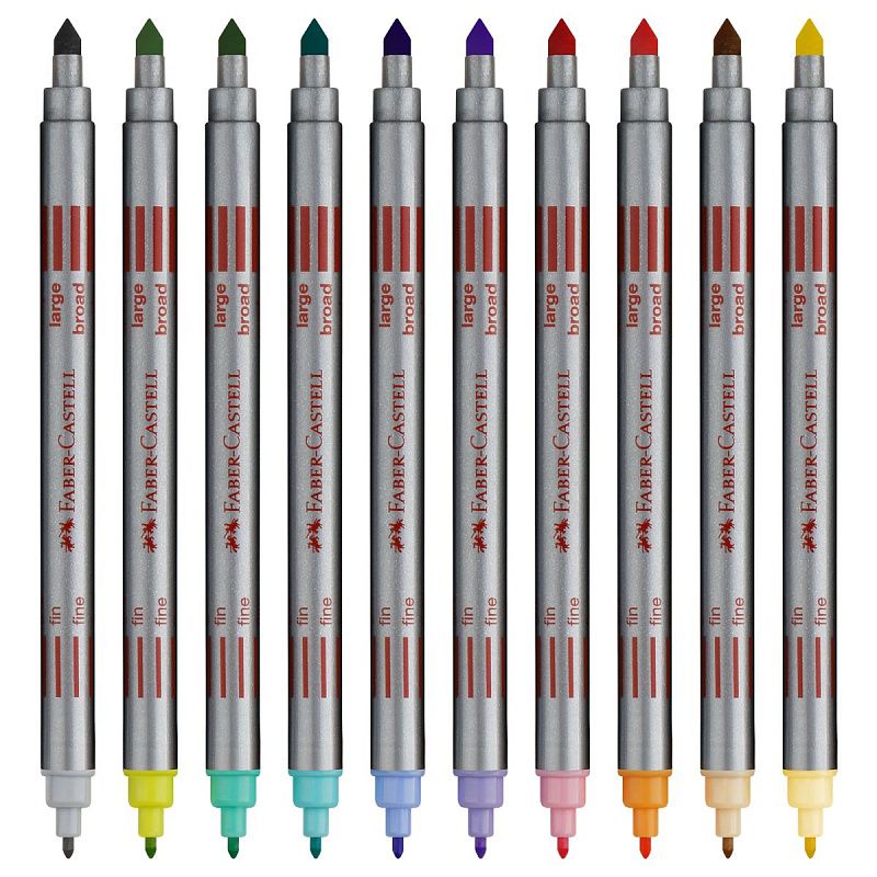 Фломастеры двусторонние Faber-Castell, 10 паст.цв., смываемые, пластик.уп., европодвес