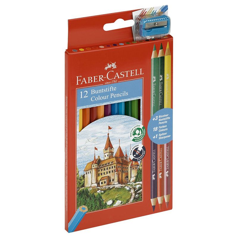 Карандаши цветные Faber-Castell "Замок", 12цв., шестигр., заточ.+6цв.+точилка, картон, европодвес