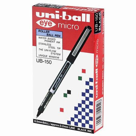 Ручка-роллер Uni-Ball Eye, ЧЕРНАЯ, корпус серебро, узел 0,5 мм, линия 0,3 мм, UB-150 BLACK 
