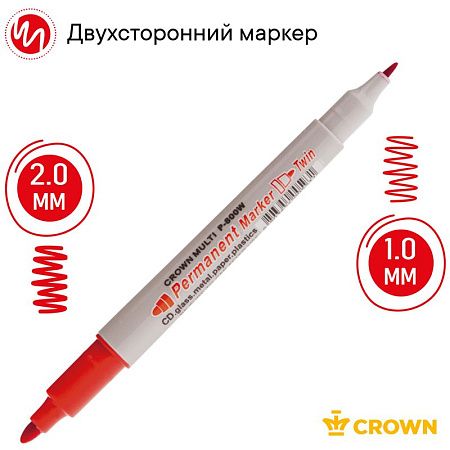 Маркер перманентный двухсторонний Crown "Multi Marker Twin" красный, пулевидный, 2мм/1мм 