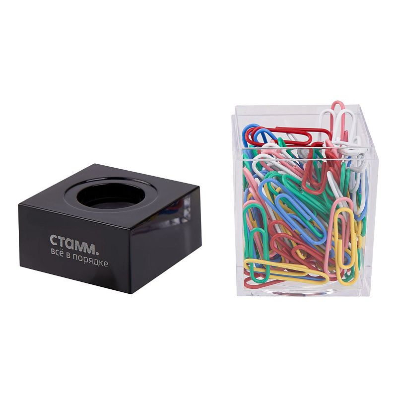 Скрепочница магнитная СТАММ, 100 цветных скрепок, прозрачный корпус, картонная коробка