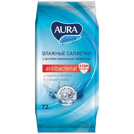 Салфетки влажные Aura "Family", 72шт., антибактериальные, для всей семьи 