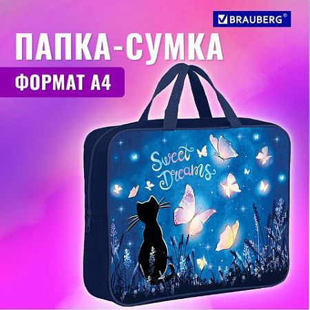 Папка на молнии с ручками BRAUBERG А4, 1 отделение, полиэстер, 80 мм, "Sweet dreams", 270959 