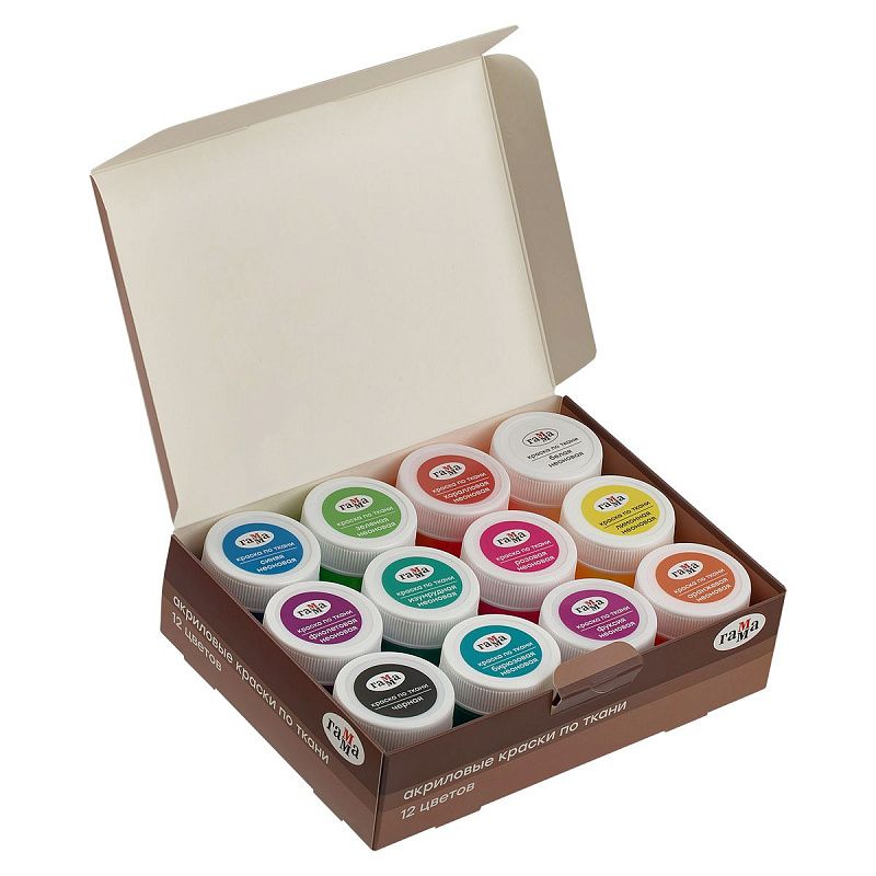 Краски по ткани акриловые Гамма "Хобби", 12 цветов., 20мл, неоновые цвета, картон. упаковка