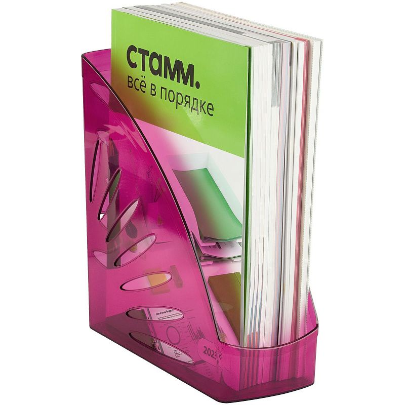 Лоток для бумаг вертикальный СТАММ "Тропик", тонированный розовый, ширина 110мм