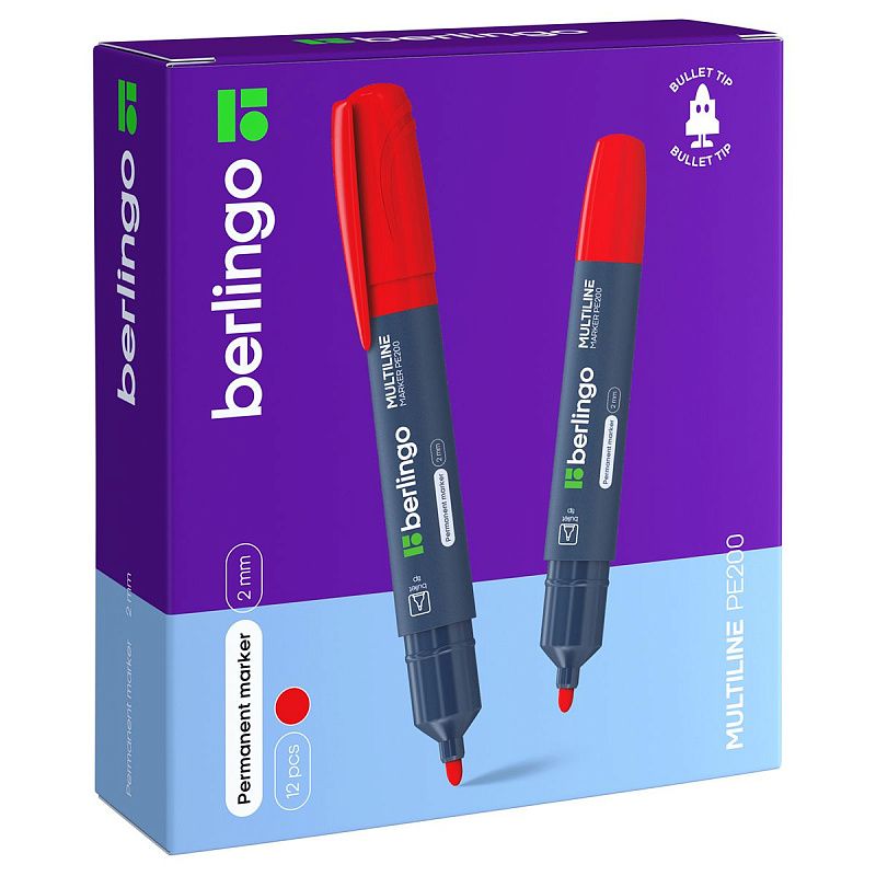 Маркер перманентный Berlingo "Multiline PE200" красный, пулевидный, 2мм 