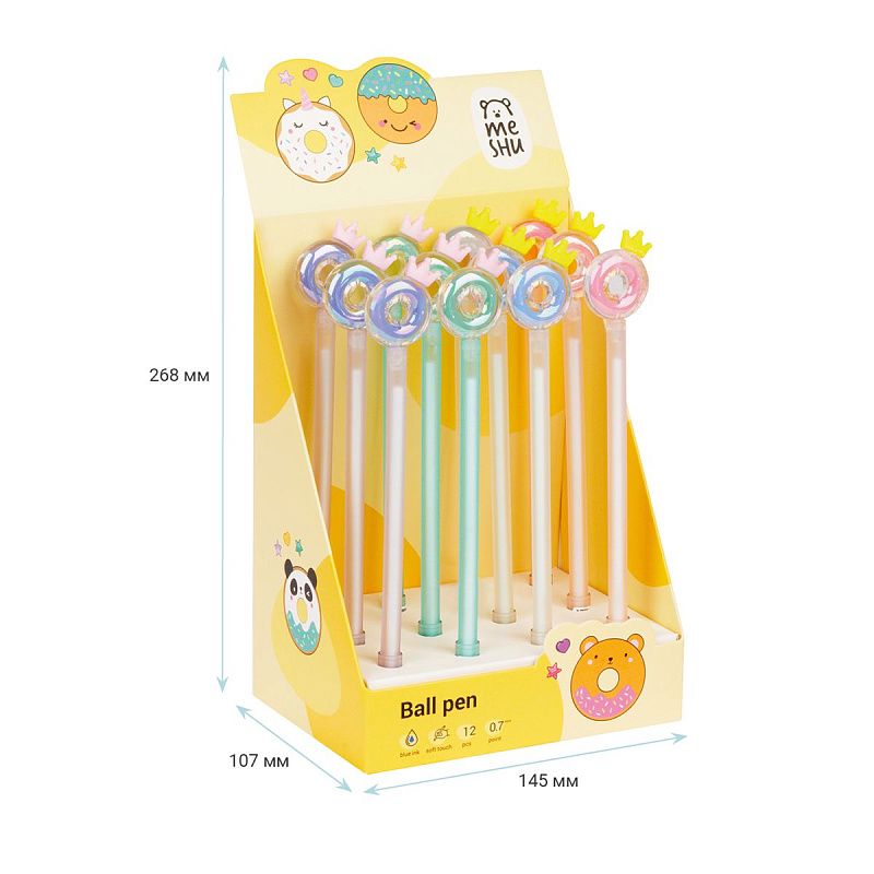 Ручка шариковая MESHU "Crown Donuts" синяя, 0,7мм, корпус ассорти, с топпером 