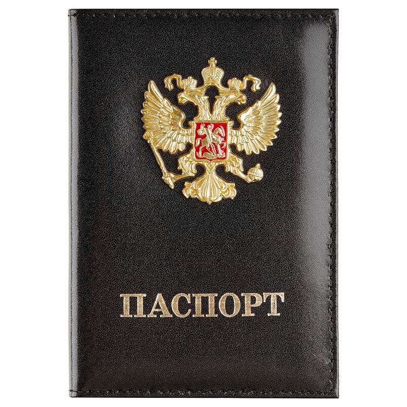 Обложка для паспорта OfficeSpace натуральная кожа Шик, текстура гладкая, тиснение "ПАСПОРТ", подклад текстиль, черный, металлический шильд Герб