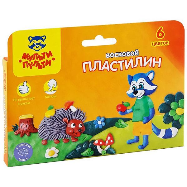 Пластилин Мульти-Пульти "Енот в лесу", 06 цветов, 90г, восковой, со стеком, картон, европодвес
