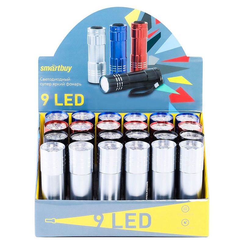 Фонарь Smartbuy display-box 24, светодиодный, алюминиевый, 9 LED, 3*ААА (не в комплекте)