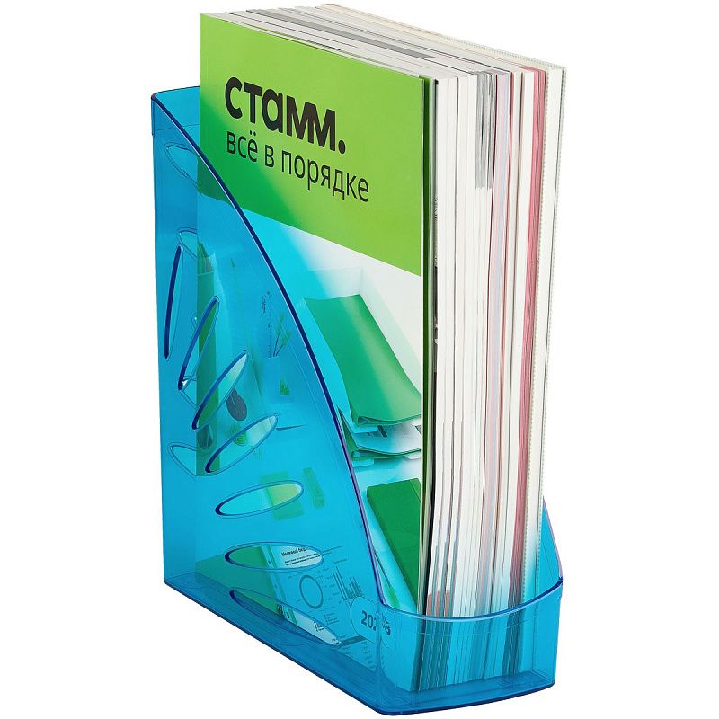 Лоток для бумаг вертикальный СТАММ "Тропик", тонированный голубой, ширина 110мм