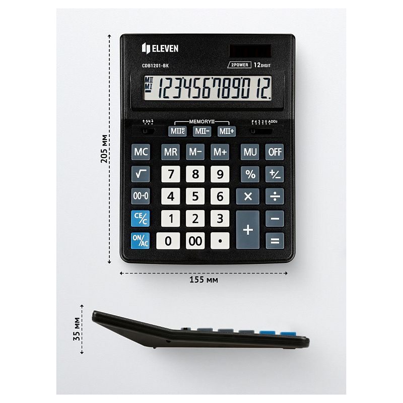 Калькулятор настольный Eleven Business Line CDB1201-BK, 12 разрядов, двойное питание, 155*205*35мм, черный