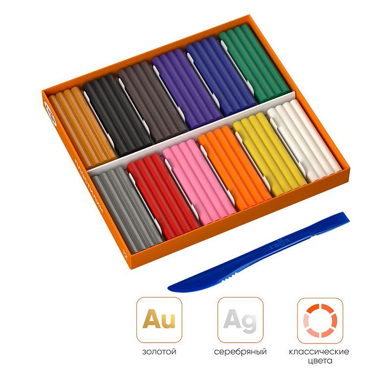 Пластилин Гамма "Оранжевое солнце", 12 цветов (10 классич., золотой, серебряный), 172г, со стеком, картон. упаковка