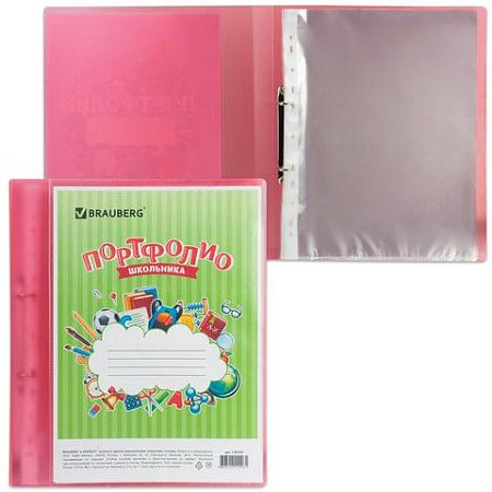 Папка для портфолио школьника, 2 кольца, 20 файлов, пластик полупрозрачный, красная, BRAUBERG, 126558 