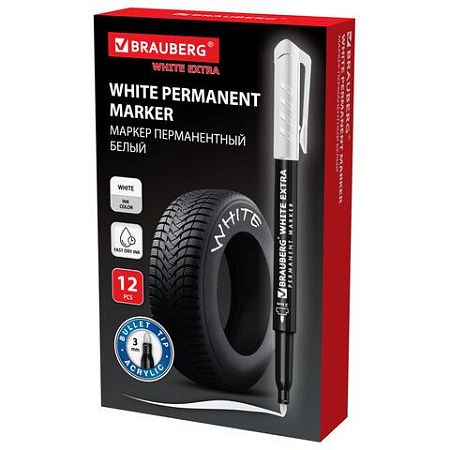 Маркер перманентный BRAUBERG WHITE EXTRA, БЕЛЫЙ, круглый наконечник 3 мм, 152488 
