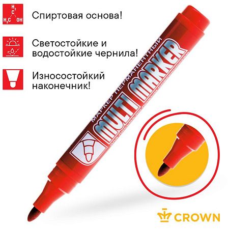 Маркер перманентный Crown "Multi Marker" красный, пулевидный, 3мм 