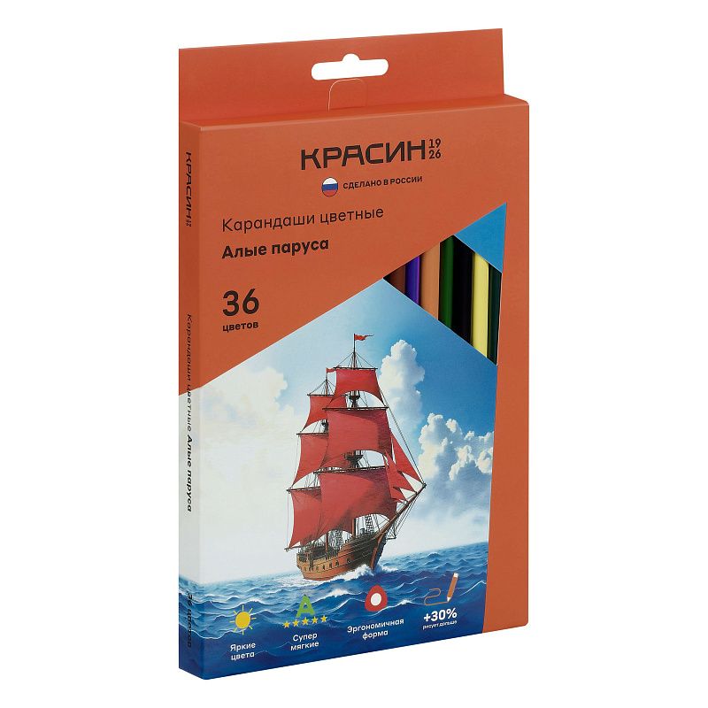 Карандаши цветные Красин "Алые Паруса", 36цв., трехгран., заточен., картон, европодвес