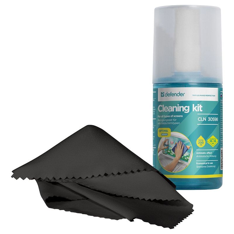 Очищающий комплекс для экранов и мониторов всех типов Defender CLN 30598 "Optima", 200мл + салфетка из микрофибры 18*18см