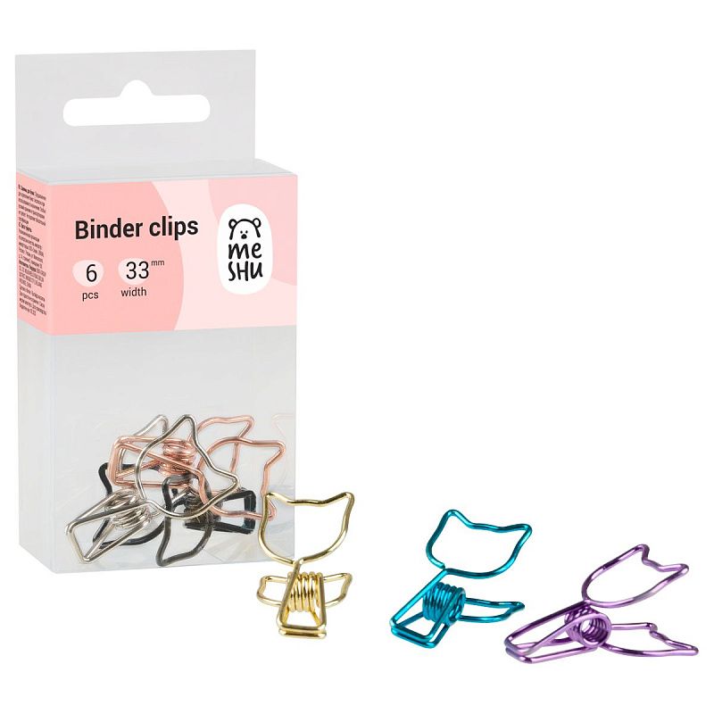 Зажимы для бумаг 33мм, MESHU "Grace Cats", 6шт., ассорти, бокс с европодвесом