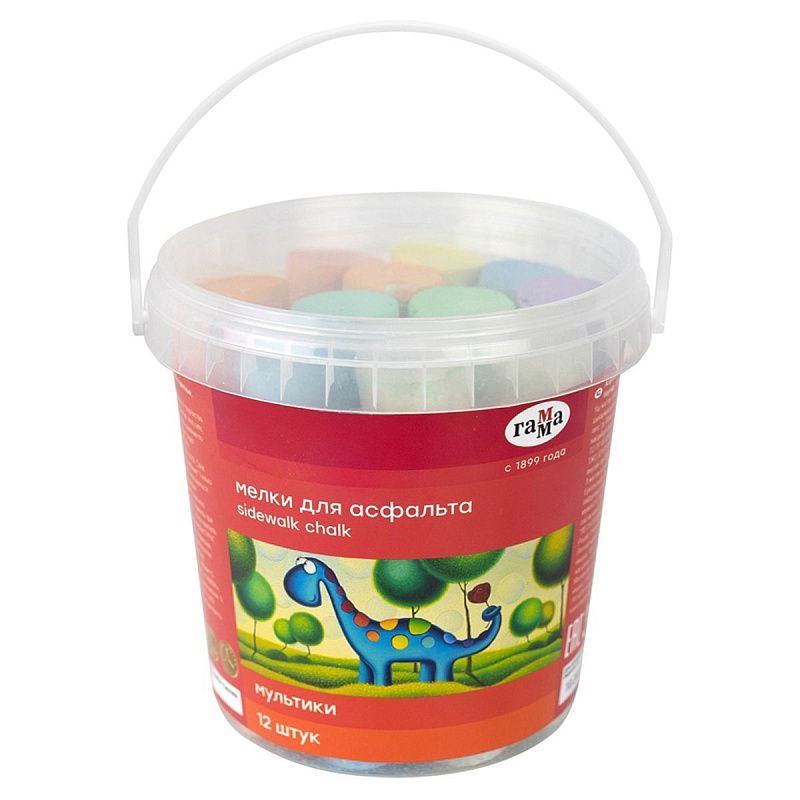 Мелки для асфальта Гамма "Мультики" цветные 12шт., круглые, пластиковое ведро NEW