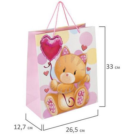 Пакет подарочный 26,5x12,7x33 см ЗОЛОТАЯ СКАЗКА "Lovely Kitty", глиттер, белый с розовым, 608242