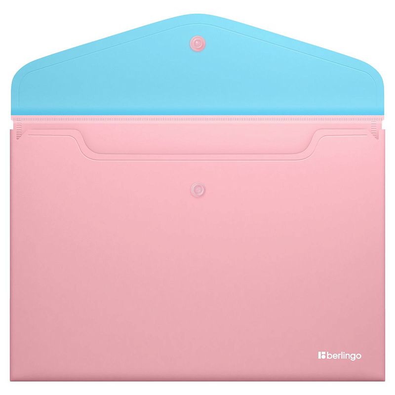 Папка-конверт на кнопке Berlingo "Haze" А4, 200мкм, софт-тач, с цветным клапаном, голубая/розовая 