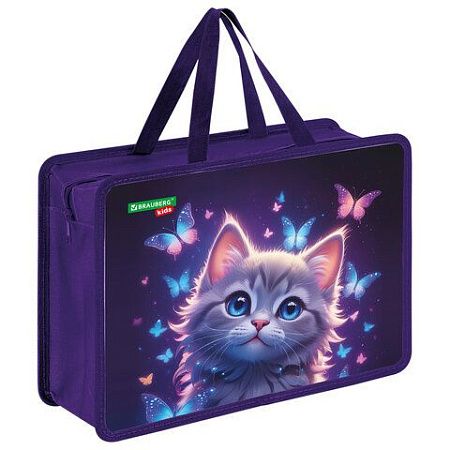 Папка на молнии с ручками BRAUBERG KIDS А4, 1 отделение, пластик, 100 мм, "Curious cat", 273376