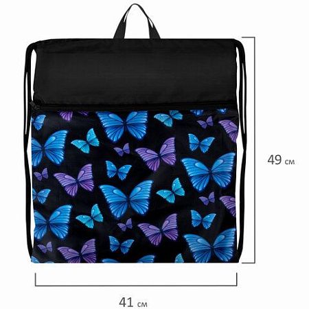 Мешок для обуви BRAUBERG БОЛЬШОЙ, с ручкой, карман на молнии, сетка, 49х41 см, "Fly aways", 272402 
