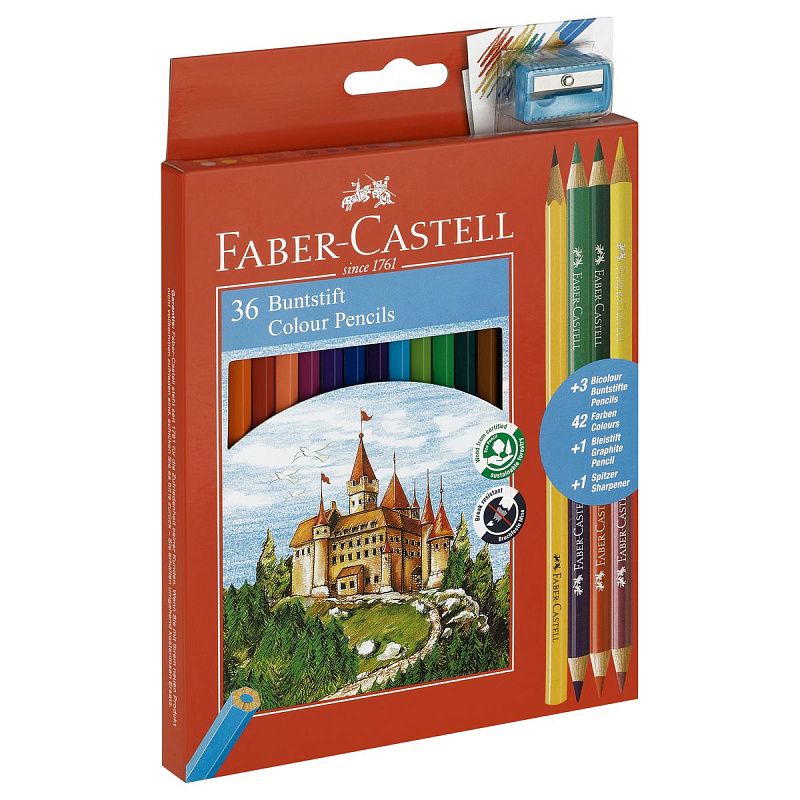 Карандаши цветные Faber-Castell "Замок", 36цв., шестигр., заточ.+6цв.+ч/г кар.+точилка, картон, европодвес