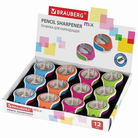 Точилка BRAUBERG "Mix Soft", пластиковая, с контейнером, корпус ассорти, 229585 