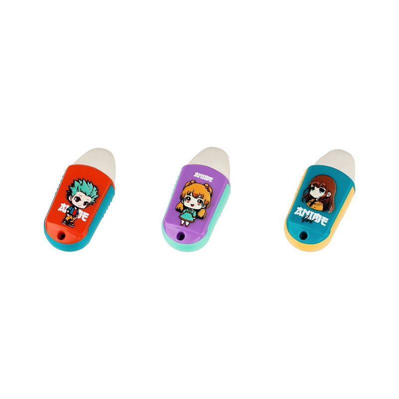 Точилка пластиковая с ластиком MESHU "Anime", 1 отверстие, ассорти 