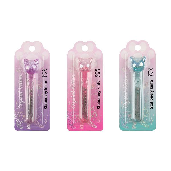 Нож канцелярский 9мм MESHU "Crystal Kitten", блистер, европодвес, ассорти