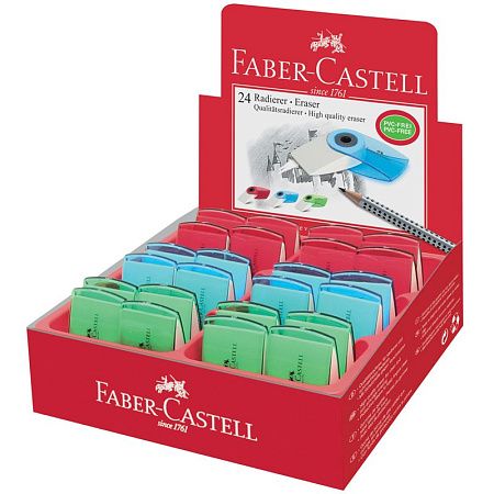 Ластик Faber-Castell "Sleeve Mini", прямоугольный, 54*25*13мм, прозрачный красный/синий/бирюзовый пластиковый футляр 