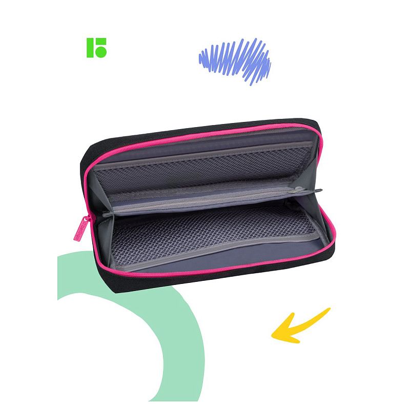 Пенал мягкий 1 отделение, 1 карман, 215*95*44 Berlingo "Black and pink", полиэстер, внутренний органайзер 