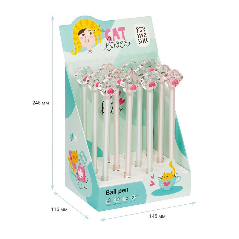 Ручка шариковая MESHU "Crystal Paw" синяя, 0,7мм, корпус ассорти, с топпером 