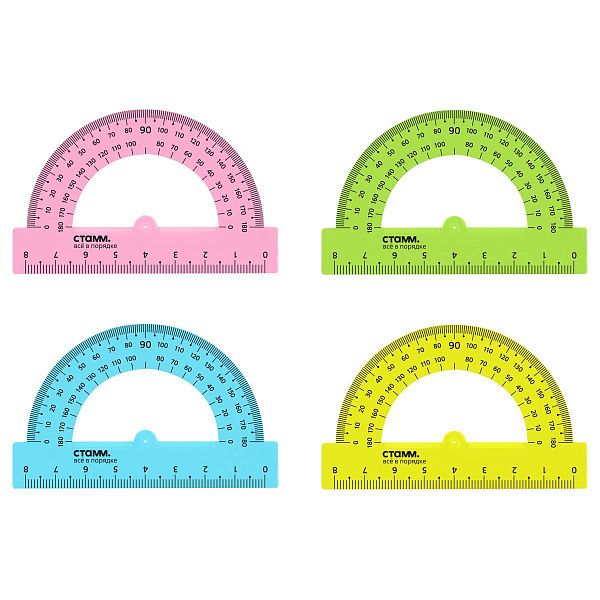 Транспортир 8см, 180° СТАММ, пластиковый, прозрачный, неоновые цвета, ассорти