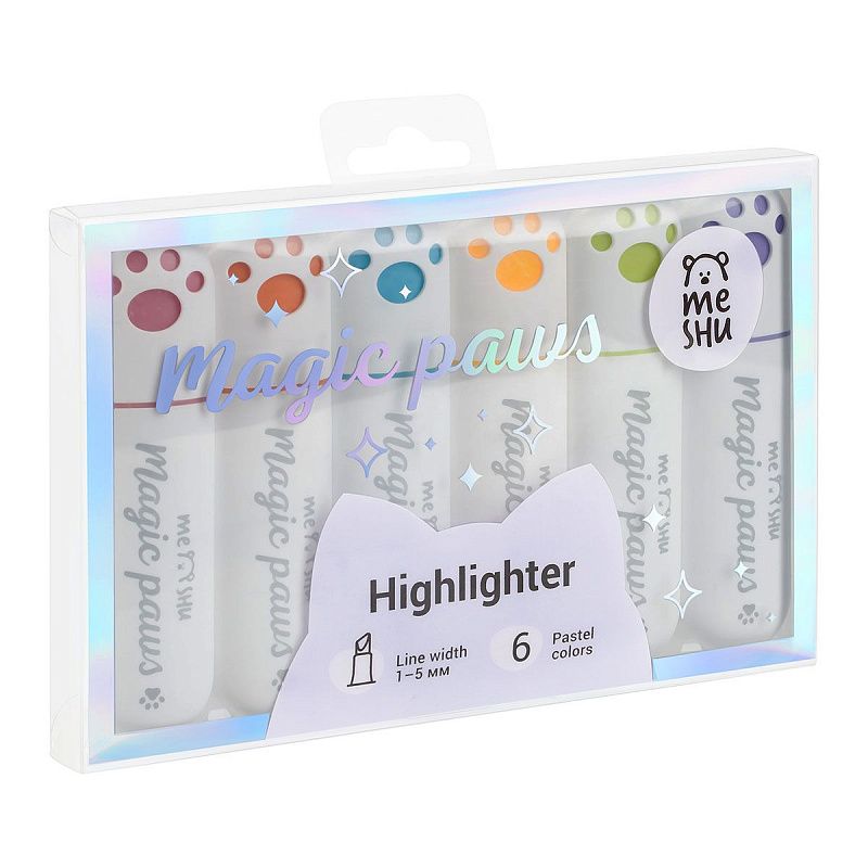 Набор текстовыделителей MESHU "Cute Paws" 06цв., пастельные цвета, 1-5мм, ПВХ бокс с европодвесом 