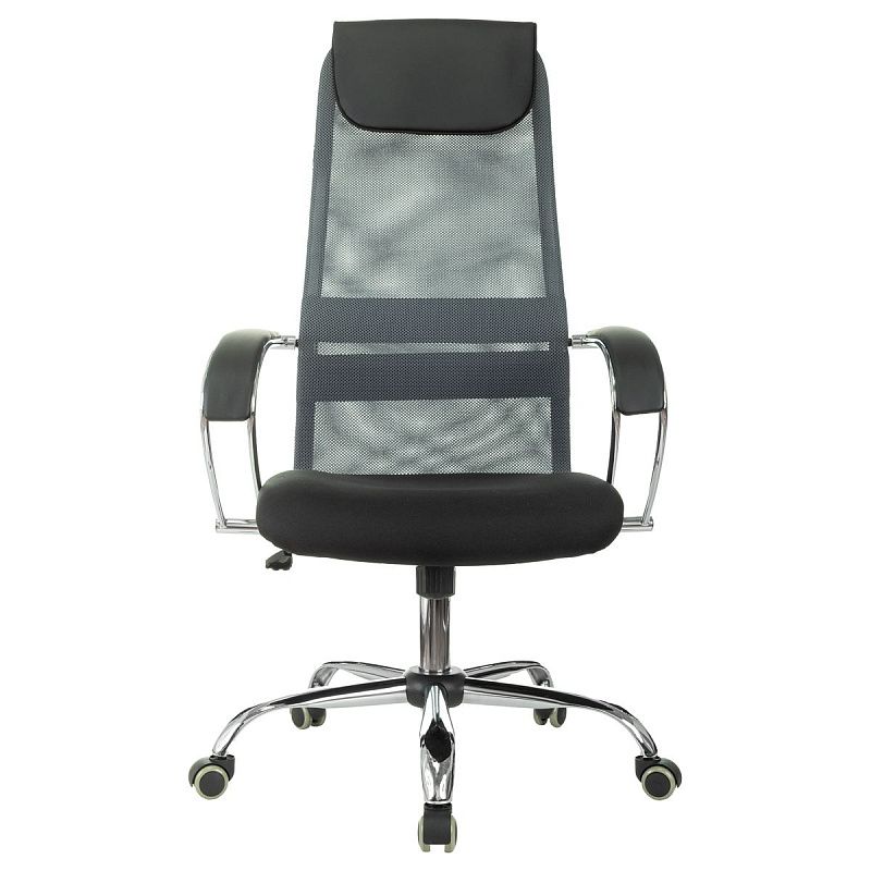 Кресло руководителя Helmi HL-E87, CH, спинка сетка серая/экокожа, сиденье ткань черная, хром, механизм качания