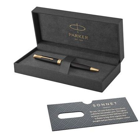 Ручка шариковая PARKER "Sonnet Core Matt Black GT", черный матовый лак, позолота, черная, 1931519 