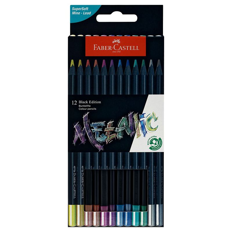 Карандаши цветные Faber-Castell "Black Edition", 12цв., металлик, трехгран., черное дерево, заточен., картон.