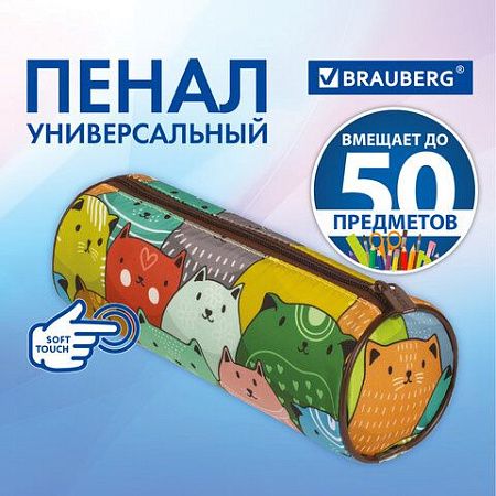 Пенал-тубус BRAUBERG, с эффектом Soft Touch, мягкий, "Cats", 22х8 см, 229008 