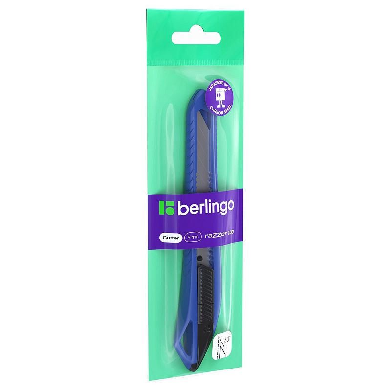 Нож канцелярский 9мм Berlingo "Razzor 100", push-lock, ассорти, европодвес